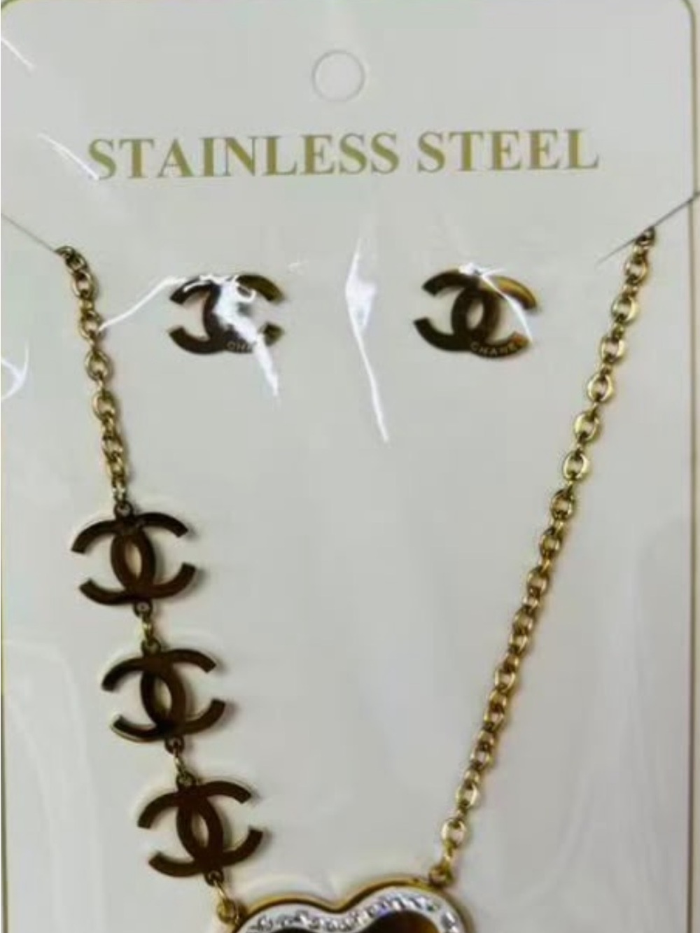 Gold Stainless Steel Necklace and Earrings Set - Interlocking Double C Logo